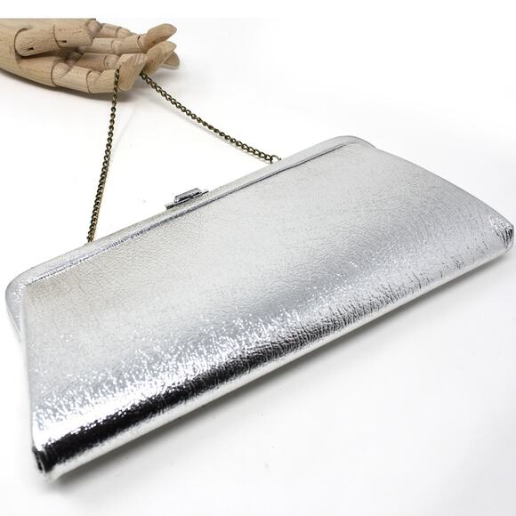 Vintage 60s Silver Evening Clutch Purse 12" Shimmery Metallic w Chain - Hey Viv - Picture 2 of 6